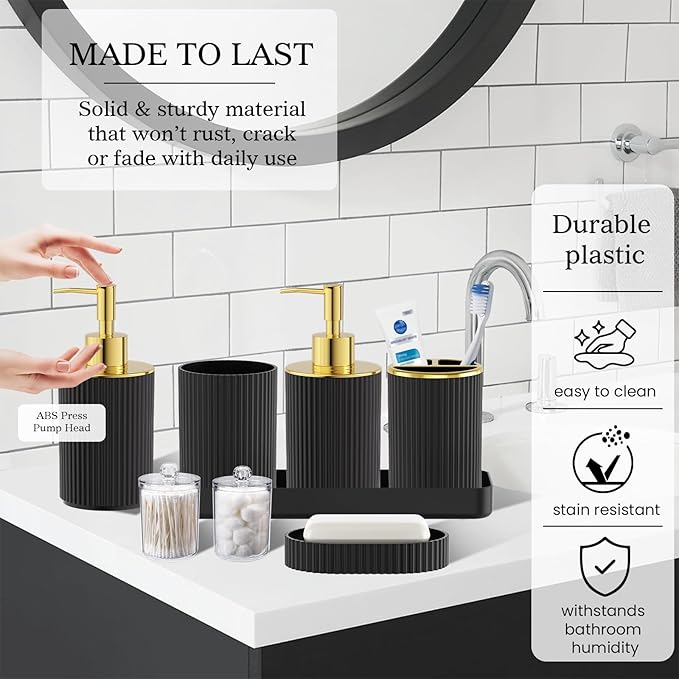 Black Gold Bathroom Accessories Set, 10PC Bathroom Set, Bath Accessory with Pop Up Trash Can, Soap Dispenser, Toilet Brush, Toothbrush Set Qtip Holders & Tray