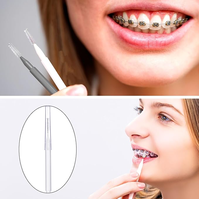 Patelai 100 Pieces Braces Brush for Cleaner Interdental Brush Toothpick Dental Tooth Flossing Head Oral Dental Hygiene Flosser Toothpick Cleaners Tooth Cleaning Tool(White, Grey,Ideal Size)