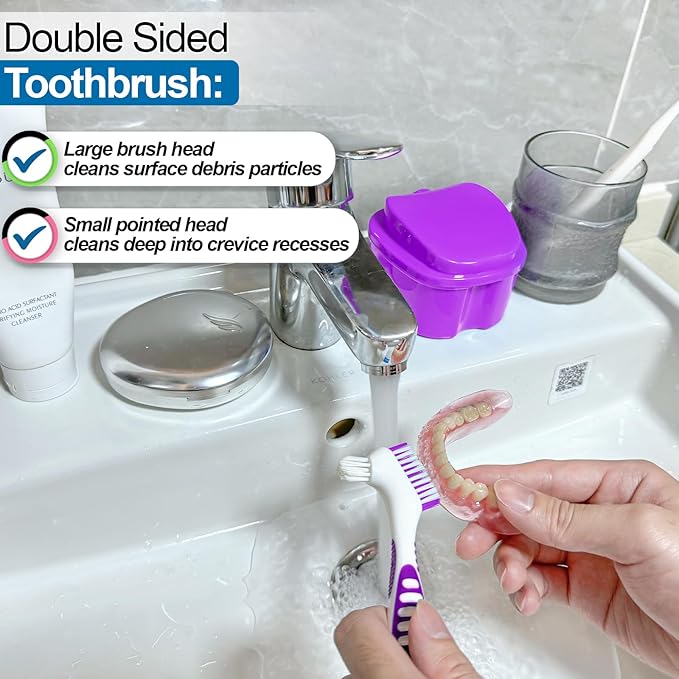Denture Bath Case Denture Cleaning Cup with Brush Set, 2 Pack False Teeth Container Denture Storage Bath Box Case Retainer Holder Case with Strainer Basket and Lid Waterproof - Purple & Black