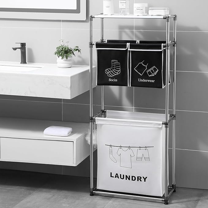 2-3 Tier Laundry Hamper with Removable Fabric Bins, Freestanding Laundry Sorter Organizer with Hooks, Foldable Sorting Basket for Bedroom, Bathroom & Dorm (3-Tier)