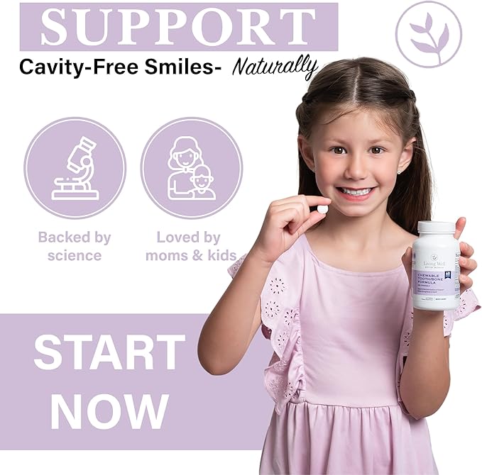 Living Well with Dr. Michelle Kids Tooth & Bone Supplement – Chewable for Strong Teeth & Cavity Defense – Calcium, D3, K2, Magnesium, Zinc – Ages 4+ – Mixed Berry Flavor – Fluoride-Free, Non-GMO