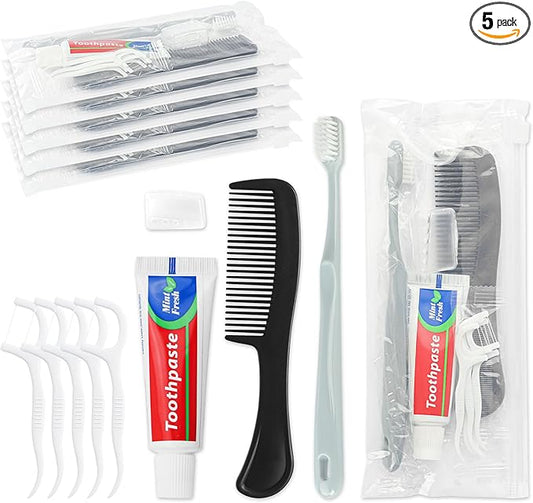 Travel Toothbrush Kit Bulk, Toothbrush Toothpaste Set, Hygiene Kit Bulk with Floss Picks, Comb, Protective Case, Individually Packaged, Suitable for Home, Travel, and Hotels (5-Pack)