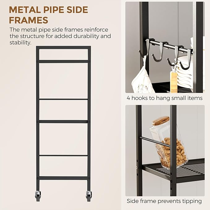 XIVIRACK 3-Tier Metal Storage Rack with Industrial Wheels,Mesh Shelving Unit with Wooden Table top,Adjustable Shelf,23.6-Inch Width,for Kitchen,Laundry,Pantry,Plant,Black