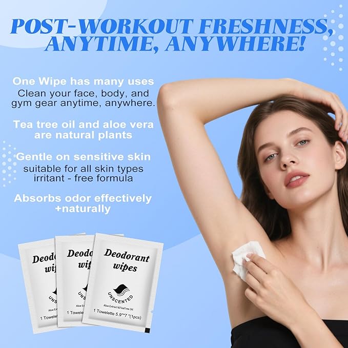 Travel Deodorant Wipes Individually Wrapped,Body Wipes to Clean Skin for Women Men（Unscented,pack of 100)