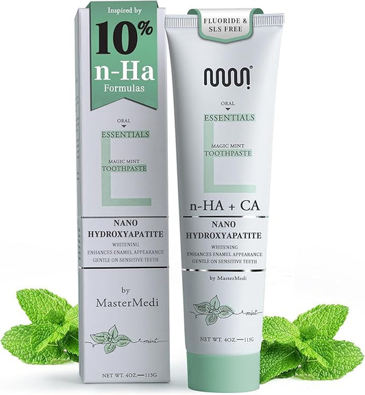 MasterMedi Nano Hydroxyapatite Toothpaste (Inspired by 10% nHA Formulas), Fluoride-Free, Whitening, Sensitive Teeth Care, Enamel Support, SLS Free, Xylitol, Magic Mint, 4 Oz (Pack of 1)