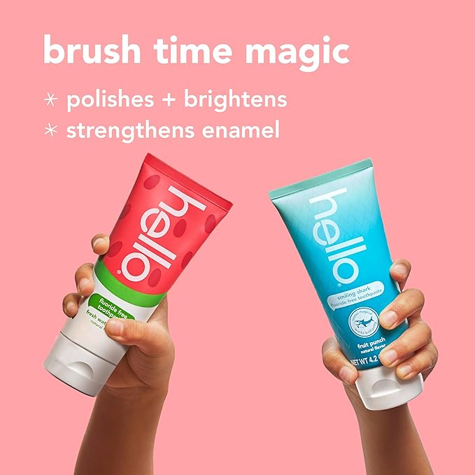 hello Smiling Shark and Fresh Watermelon Fluoride Free Kids Toothpaste Pack, Includes 4.2 oz Smiling Shark Kids and 4.2 oz Fresh Watermelon Toothpaste