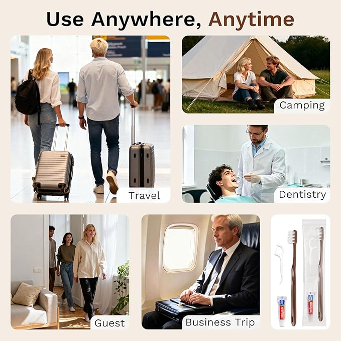 Disposable Toothbrushes with Toothpaste, Travel Toothbrush Kit, Individually Packaged, Brown, with Floss Picks, Suitable for Hotel, Home, Camping, Travel (200-PACK)