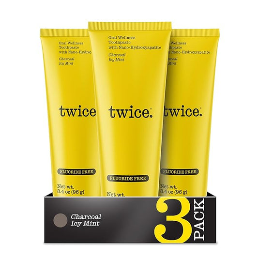 Twice Twice Oral Wellness Toothpaste - Nano-Hydroxyapatite, Fluoride-Free Toothpaste, Helps Remineralize Teeth, Freshens Breath & Whitens Teeth – SLS-Free, Charcoal ICY Mint – 3x3.4 oz