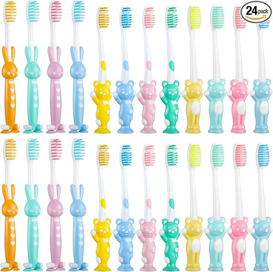 Patelai 24 Pcs Toddler Toothbrush for Age 2 up, Kids Toothbrush Set with Covers, Soft Children Manual Brushes Bulk with Suction Cup for Upright Storage, Rabbits and Bears Brushes for Travel