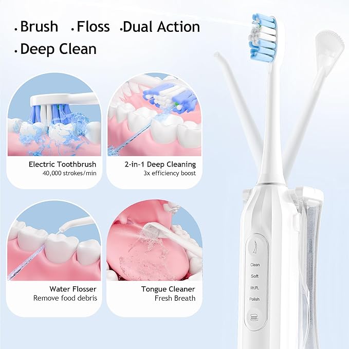 Pinkart 3 in 1 Electric Toothbrush with Water Flosser Combo for Adults, Toothbrush Flosser Combo in One, 8 Brush Heads, Flosser Tip, 180ML Water Tank, Rechargeable Portable Oral Irrigator (White)