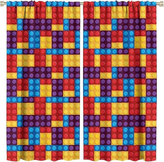 Building Block Colored Curtains, Children's Themed Curtains Collection Building Block Patchwork Cartoon Print Curtains, Light Trim 2 Panel Set Rod Pockets 42x45in