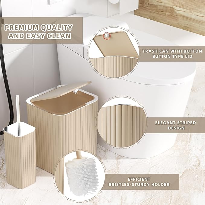 Bathroom Accessories Set - Gorgeous Beige Bathroom Set, 10PC Bathroom Accessory Set, Toilet Brush, Trash Can & Soap Dispenser