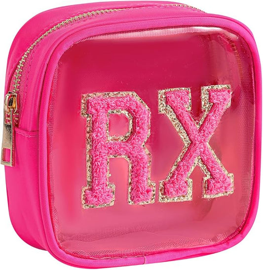Small Chenille Letter Clear Medicine Makeup Bags,Nylon PVC Waterproof Rx Pouch with Metal Zipper, Cute Drug First Aid Travel Organizer for Women Girls(02Hot Pink)