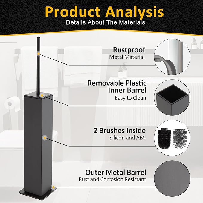 Toilet Brush and Holder Floor Standing, Gun Gray with 2 Replaceable Heads, Bathroom Toilet Brush, Freestanding Toilet Bowl Brush with Removable Liner and Splash Guard, Modern Square Design