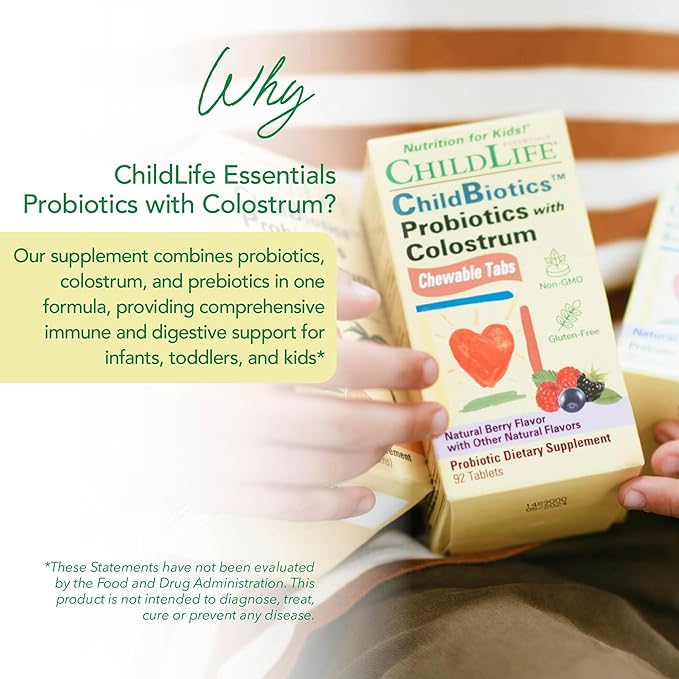 CHILDLIFE ESSENTIALS ChildBiotics with Colostrum- Probiotics for Kids, Probiotics for Digestive Health, Chewables, Children's Probiotic, Colostrum for Kids, Gluten Free - Natural Berry, 92 Tablets