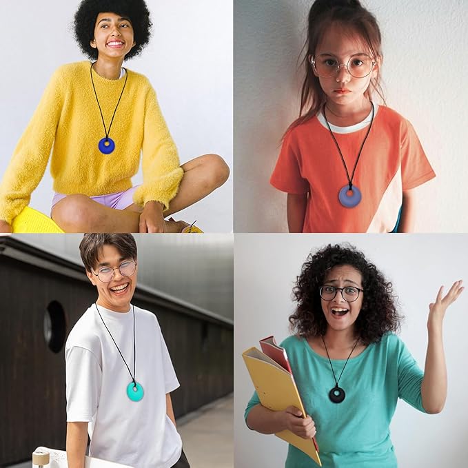 Chew Necklaces for Sensory Kids, Silicone Chewy Necklace Sensory 4 Pack for Boys Girls with Autism ADHD Anxiety Reduce Fidgeting, Oral Chew Toys for Kids and Adults Chewing, BPA Free