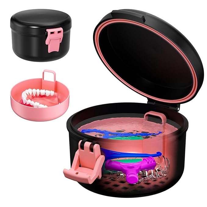 Denture Cup, Leak Proof Denture Bath Case for Travel, False Teeth Container for Soaking Dentures & Retainer, Retainer Cleaner Case, Black+Pink.