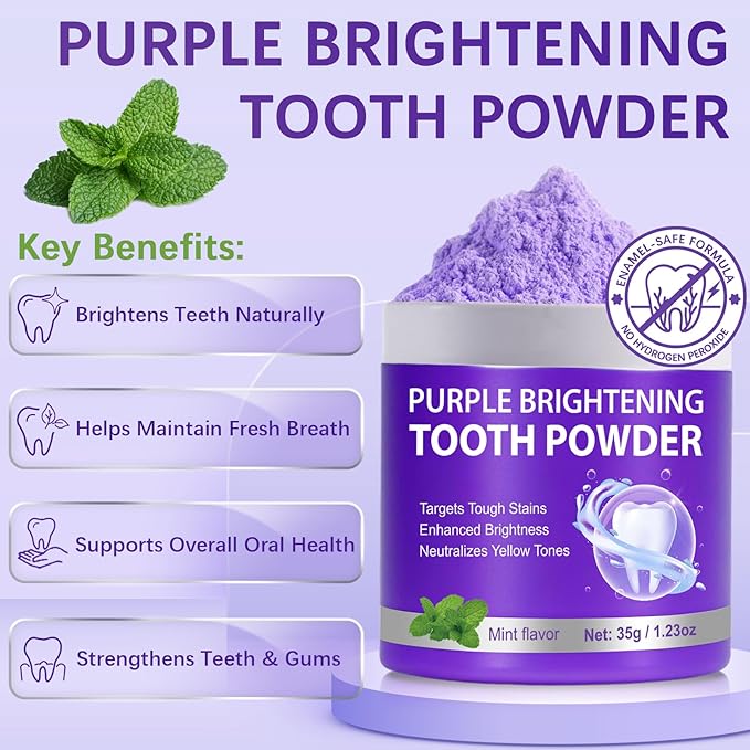 Teeth Whitening Powder, 35g Purple Teeth Whitening Powder, Effectively Lifts Stains, Strengthening Teeth and Gums, Fresh Mint Flavor, Breath Freshener