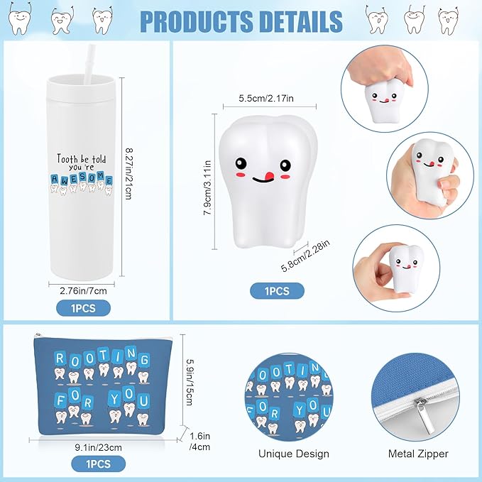 Skylety 3 Pcs Dental Hygiene Month Gifts Dental Assistant Hygienist Appreciation Gift 16oz Tumbler with Lid Cute Teeth Makeup Bag Stress Toy Employee Thank You Dentist Coworker Nurse Student(White)