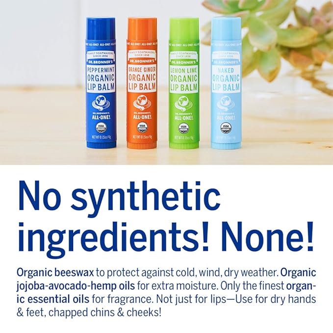 Dr. Bronner’s Organic Lip Balm 6-Pack (.15oz) Natural, Moisturizing, Petroleum-Free Lip Balm with Beeswax & Avocado Oil for Dry Lips, Men & Women - Orange Ginger