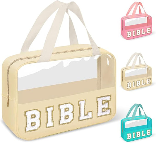 Chenille Letter Bible Bag Cover Case for Women,Preppy Bible Study Supplies Church Bag Purse Bible Accessories with Handle Zipper,Waterpoof Travel Makeup Bag Christmas Christian Gifts(BIBLE-Beige)