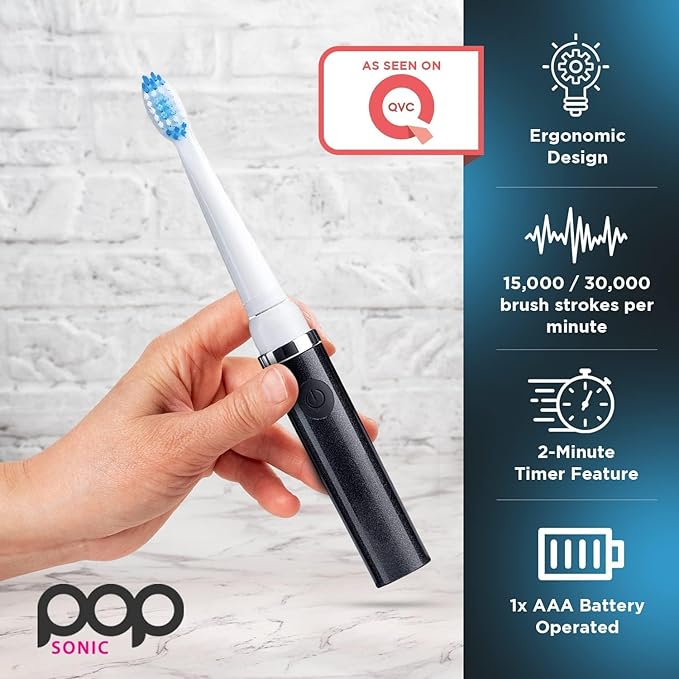 Pop Sonic Electric Toothbrush (Black + 6 Brush Heads) - Travel Toothbrushes w/AAA Battery | Kids Electric Toothbrushes with 2 Speed & 15,000-30,000 Strokes/Minute, Dupont Nylon Bristles