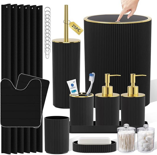 Black Gold Bathroom Accessories Set - Bathroom Sets, 25PC Bath Accessory Set, Bathroom Sets with Push Top Trash Can, Shower Curtain and Rugs, Toilet Brush, Trash Can & Soap Dispenser