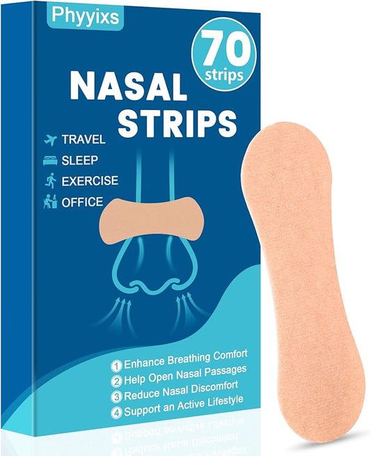 70 Pcs Nasal Strips，Extra Strength, Sweat-Proof Adhesive Performance Nose Strips for Breathing, Snoring, Sleeping, and Sports(Universal Fit Men/Women，Natural Color)