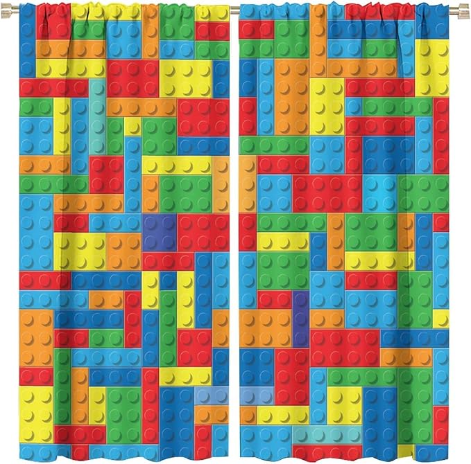Colorful Building Block Toy Printed Curtains, Building Blocks, Curtains, Fun Brick 3D Design, Kids, Teens, Girls, Boys, Living Room, Bedroom, Window Treatment Panels, 2 Panels 84x84in