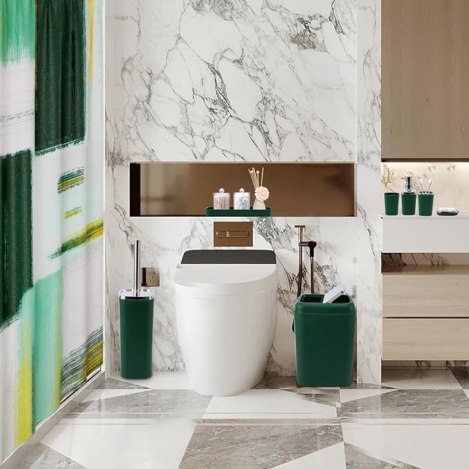 Dark Green Bathroom Accessories Set, Bathroom Sets with Shower Curtain, Green Bathroom Accessories with Trash Can, Soap Dispenser, Soap Dish, Toilet Brush Holder, Qtip Holders for Bathroom