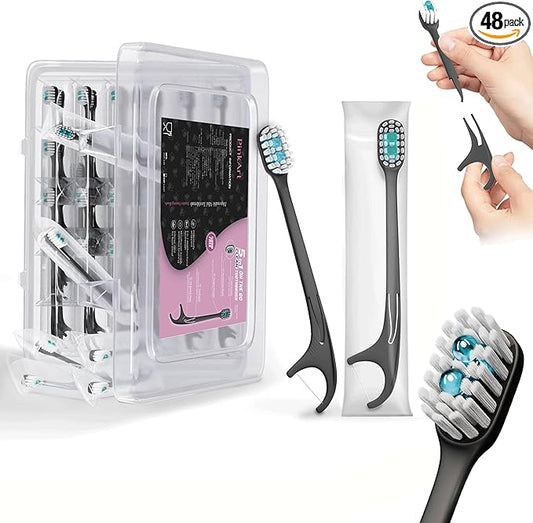 Pinkart 5 in 1 Disposable Toothbrushes with Toothpaste – Individually Wrapped Mini Travel Toothbrushes with Prepasted Toothpaste, Mouthwash Beads, Floss & Tongue Scraper | to-Go Oral Care (48 Count)
