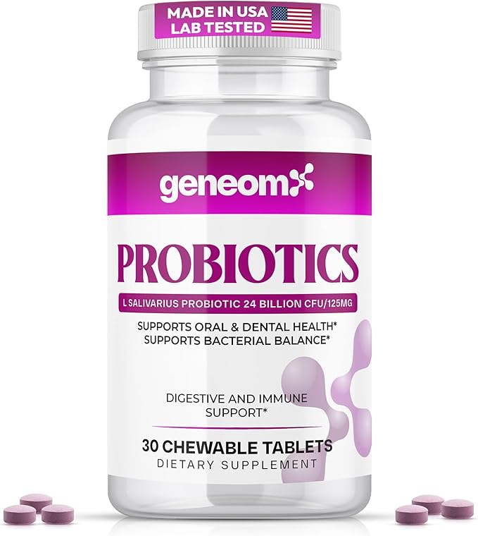 Probiotics L. Salivarius 24 Billion CFU – Supports Oral, Digestive & Immune Health – Chewable Tablets for Better Gut Health, Bacterial Balance, Non-GMO, Gluten Free, Vegan – 30 Count