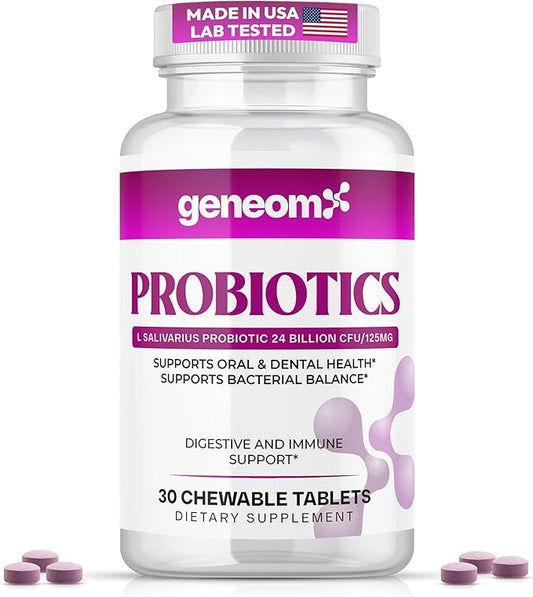 Probiotics L. Salivarius 24 Billion CFU – Supports Oral, Digestive & Immune Health – Chewable Tablets for Better Gut Health, Bacterial Balance, Non-GMO, Gluten Free, Vegan – 30 Count