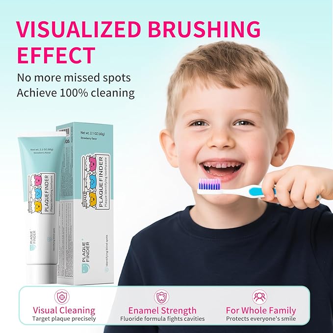 Plaque Disclosing Toothpaste for Kids & Adults, Strawberry Flavor with Fluoride, Fun Oral Health Learning Tool for Ages 3+, See & Clean Plaque in One Step, 2.1 oz