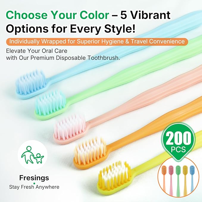 200 Pack Premium Disposable Toothbrushes Bulk – Individually Wrapped Soft Bristle Toothbrushes for Travel, Hotel Guest, Donation, Kids, Adults – Single Use, Family & Emergency Hygiene