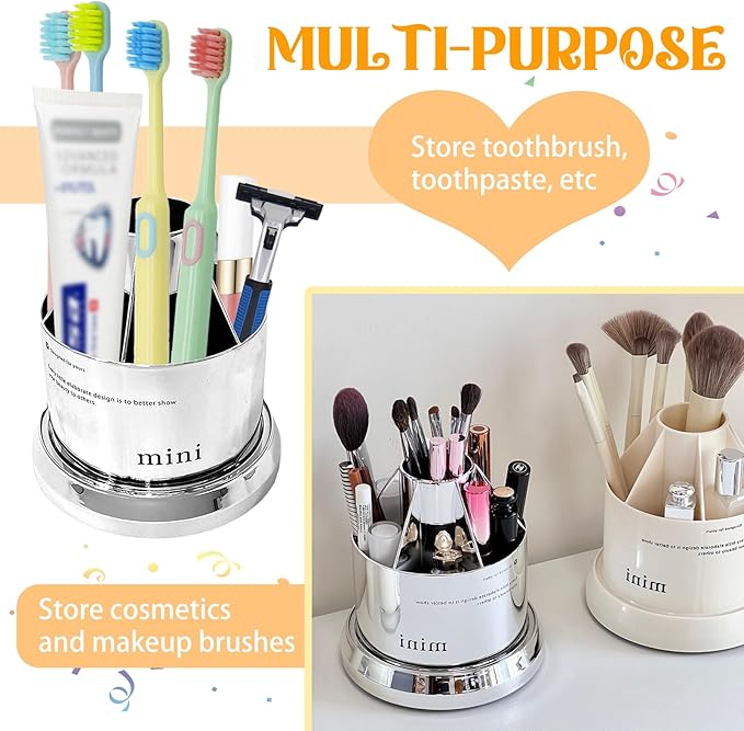 Multi Functional Rotating Toothbrush Holders with Sliding Base, 7 Slot Bathroom Countertop Organizer Perfect for Tooth Brush, Toothpaste, and Makeup Brushes Storage (Silver)