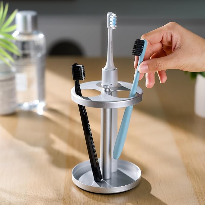 Electric Toothbrush Holder Stand for Bathroom: Stainless Steel Ventilated Organizer with Slots for Electric Toothbrushes & Razors, Silver