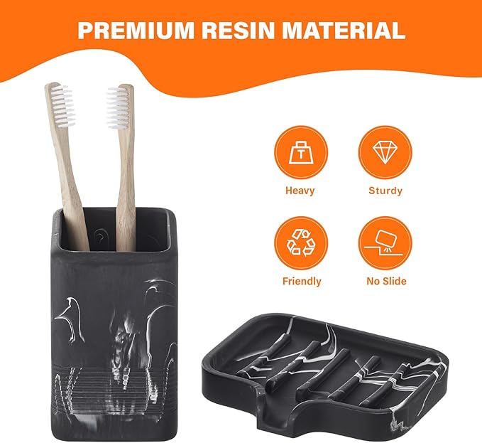Toothbrush Holder and Soap Dish Set, Resin Toothbrush Cup Bathroom Cup Tumbler Marble Design, Self Draining Bar Soap Holder Shower for Bathroom Holder and Organizer, Black
