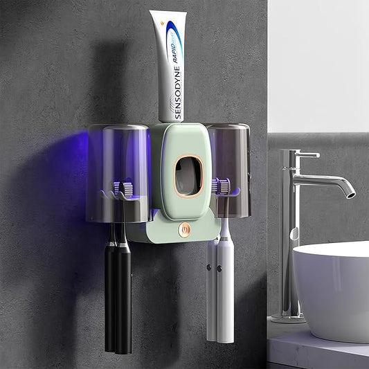 Toothbrush Holders for Bathrooms, Wekity Automatic Toothpaste Dispenser Space Saving Toothbrush and Toothpaste Holder，Toothbrush Holder Wall Mounted with 2 Cups for Bathroom (Green)…