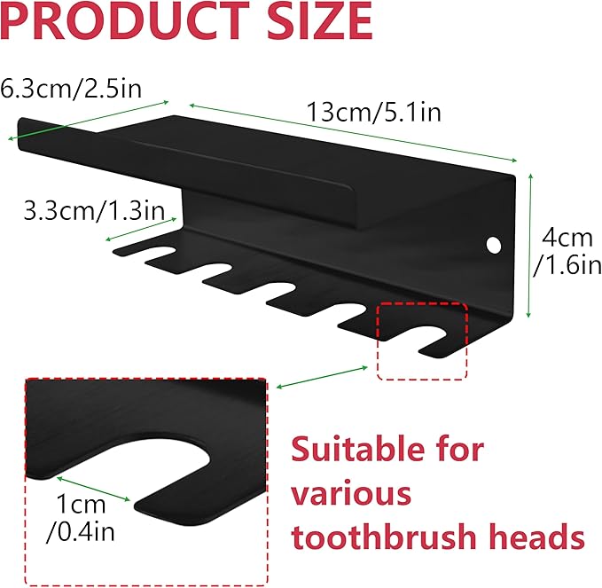 Stainless Steel Toothbrush Holder Wall Mounted - No Drill Bathroom Organizer with 3M Adhesive & Screws, 5-Slot Razor & Electric Toothbrush Holder, Rustproof for Wet Spaces (Black, 18/8 304 Grade)