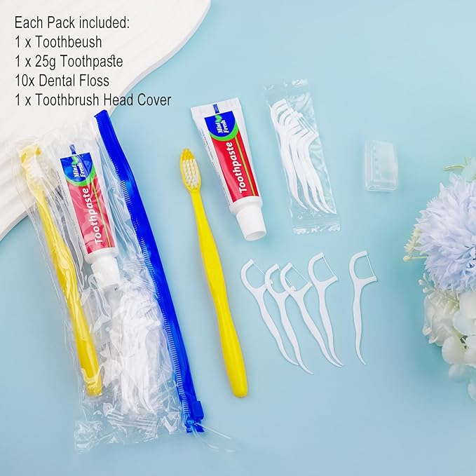 5 pcs Disposable Toothbrushes with Toothpaste and Floss Set,Yellow Individually Wrapped Bulk Single Use Toothbrush Floss Cover Travel Toothbrushes Kit with Zip Bag for Homeless,Hotel,Guest