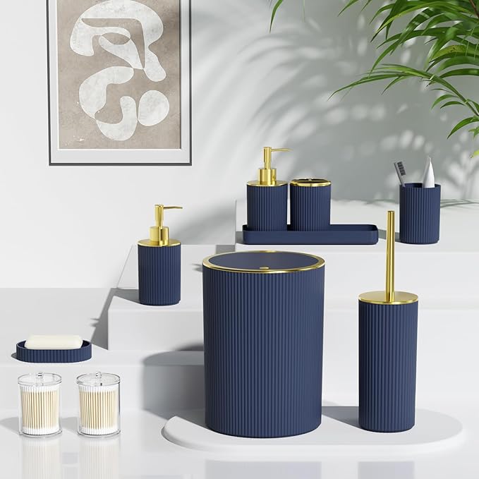 Navy Blue Bathroom Accessories Set, 10PC Bathroom Set, Bath Accessory with Pop Up Trash Can, Soap Dispenser, Toilet Brush, Toothbrush Set Qtip Holders & Tray
