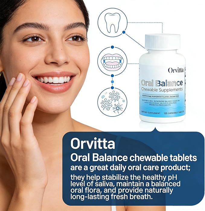 Orvitta Oral Balance Chewable Tablets, Sugar-Free, Refreshing Mint Flavor - Supports Oral microbiota, Saliva pH Balance, and Fresh Breath 120 Tablets