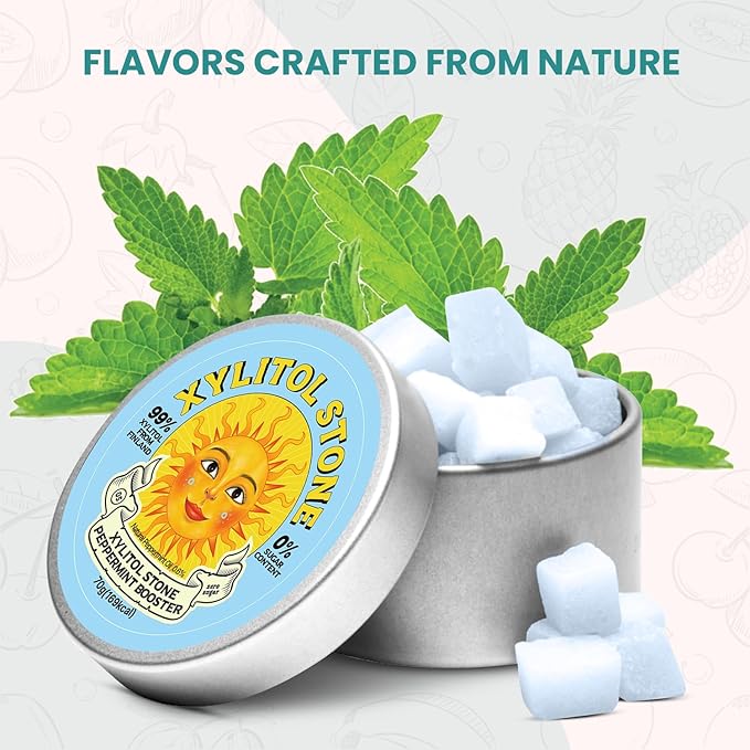 Xylitol Stone Sugar Free Candy - Vegan & Keto Friendly Unique Hard Candy - 100% Natural Flavor Candies - Gluten Free & Non-GMO Breath Freshener Low Calorie Mints - Peppermint Booster (Pack of 2)
