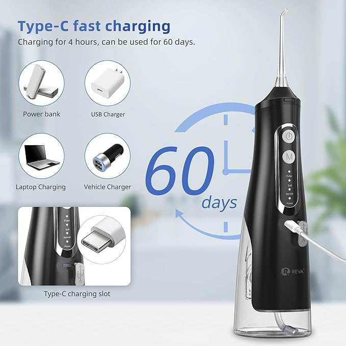 Cordless Dental Water Flosser for Teeth, Gums & Braces - Electric Oral Irrigator 310ML, 4 Modes, Rechargeable, 4 Jet Tips, Smart Memory, 360° Nozzle, IPX7 Waterproof & Low Noise (M209 - Black)