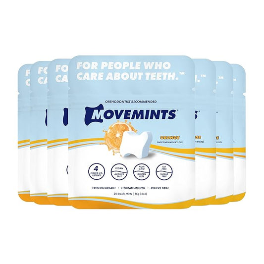 Movemints Clear Aligner Mints - Patented, Edible Alternative to Chewies - Freshen Breath and Improve Dry Mouth with Xylitol - Orange (7 Pack)