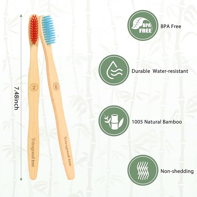 8 Count Bamboo Toothbrushes - BPA Free Soft Bristles Natural Toothbrush Set - Biodegradable & Compostable Eco-Friendly Wooden Toothbrush