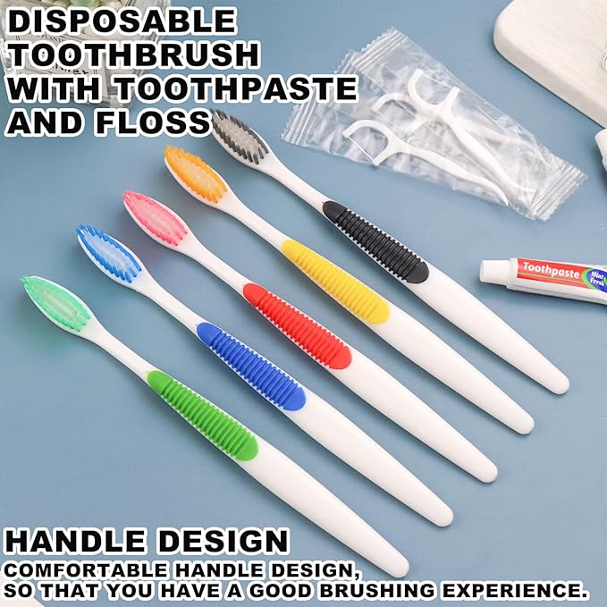 HAIFOTRVA Disposable Toothbrushes with Toothpaste and Floss,200pcs Single Use Individually Wrapped Disposable Travel Toothbrushes and Dental Floss Kit Bulk for Homeless,Airbnb,Dentist,Hotel(5 Colors)