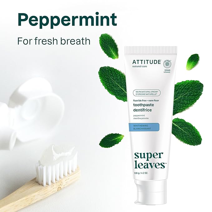 Attitude Fluoride-Free Whitening Toothpaste, Peppermint Flavor, Vegan & Cruelty-Free, Sugar-Free, Plant & Mineral-Based Ingredients, Clean Oral Care, 4.2 Oz