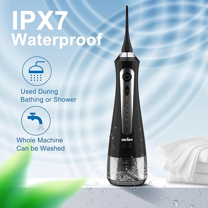 Sejoy Water Flossers for Teeth, Water Flosser Cordless Rechargeable, Water Flosser for Braces for Kids Travel, for Teeth Cleaning, 5 Cleaning Modes 8 Jet Tips, IPX7 Waterproof, 230ml